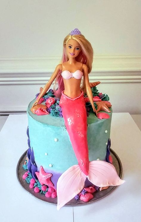 Barbie Mermaid Cake, Easy Mermaid Cake, Mermaid Doll Cake, Mary Birthday, Fairy Birthday Cake, Poppy Cake, Birthday Bags, Barbie Mermaid, 7th Birthday Cakes