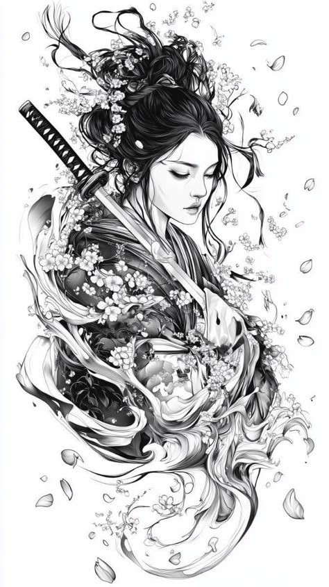 Japanese Ideas Tattoo, Japanese Anime Tattoo Design, Lady Samurai Tattoo, Samurai Girl Drawing, Geisha Drawing Tattoo, Female Samurai Tattoo Geishas, Female Samurai Tattoo Design, Geisha Warrior Tattoo, Samurai Art Tattoo