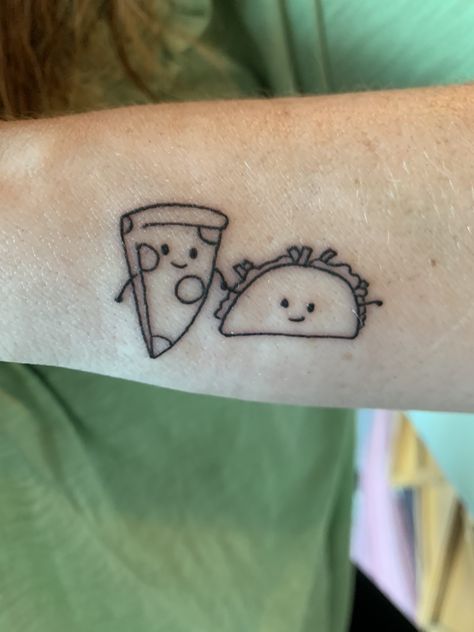 Tattoo of pizza & a taco holding hands.  Empire Tattoo in Cozumel, Mexico      Av. Rafael E. Melgar 12, Centro, 77600 San Miguel de Cozumel, Q.R. , Mexico Mini Pizza Tattoo, Cute Taco Tattoo, Cute Pizza Tattoo, Matching Taco Tattoos, Taco Tattoo Small Black And White, Tiny Taco Tattoo, Small Taco Tattoo, Matching Pizza Tattoos, Small Pizza Tattoo