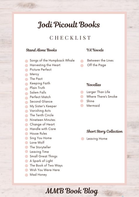 Author Book Checklist, Karen Kingsbury Books, Book Checklist, Reading Checklist, Jodi Picoult Books, Book Infographic, Series List, Book Tasting, Book Reading Journal