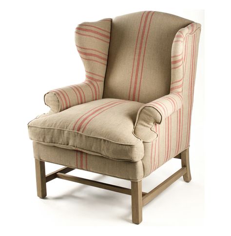 Khaki Linen English Accent Club Chair with Red Stripe Grain Sack Chair, Linen Wingback Chair, Oak Headboard, Wing Back Chairs, Wing Back Chair, English Country Home, Wing Chairs, Wingback Chairs, Style Anglais