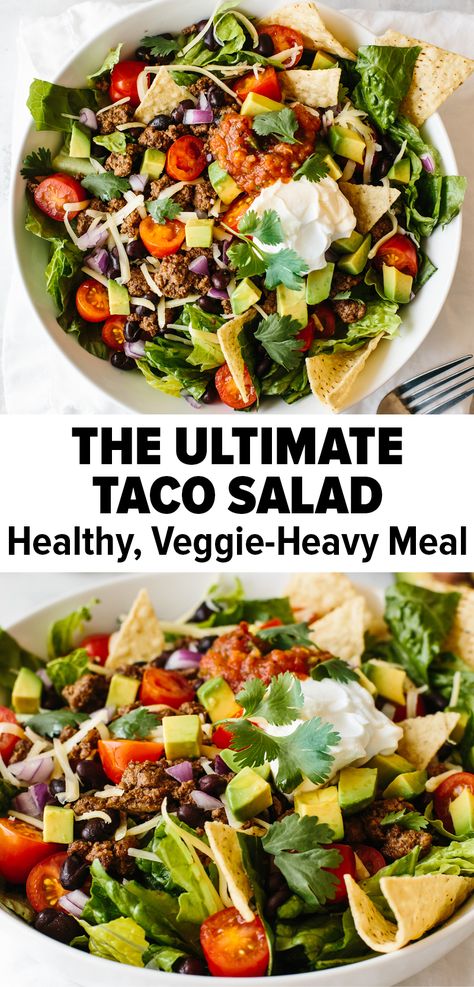 Loaded Taco Salad, Spinach Taco Salad, Easy Healthy Taco Salad, Gluten Free Taco Salad Recipe, Mexican Taco Salad, Health Taco Salad, Taco Salad Healthy, Homemade Taco Salad Bowls, Clean Eating Taco Salad