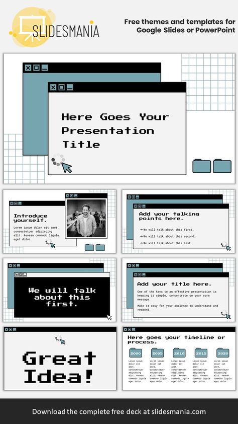 Paterson free template has a retro style. It mimics and old operating system, featuring windows, folders, cursors and a loading icon.  The best part of this free theme for Google Slides or PowerPoint is that you can change its accent color very easily. Simply go to Slide > Edit Master > Click on any cyan shape > Click on fill color > Click on the little pencil icon next to the word THEME > Click on Choose a theme color > Click on Accent 1 > And change it any color you like. Graphic Design Slides Presentation, Google Slides Templates Aesthetic Free, Slide Show Aesthetic, Themes For Google Slides, Aesthetic Google Slides Themes, Google Template Edit, Powerpoint Ideas Aesthetic, Aesthetic Ppt Ideas, Aesthetic Powerpoint Ideas