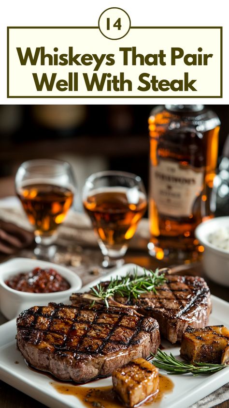 A selection of whiskey bottles paired with a grilled steak, highlighting rich, smoky flavors for the perfect dinner combination. Whiskey Dinner Recipes, Whiskey Marinade Steak, Whisky Sauce For Steak, Whisky Pairing Food, At Home Whiskey Tasting, Steak And Whiskey, Good Whiskey, Steak Dinner, Fine Dining