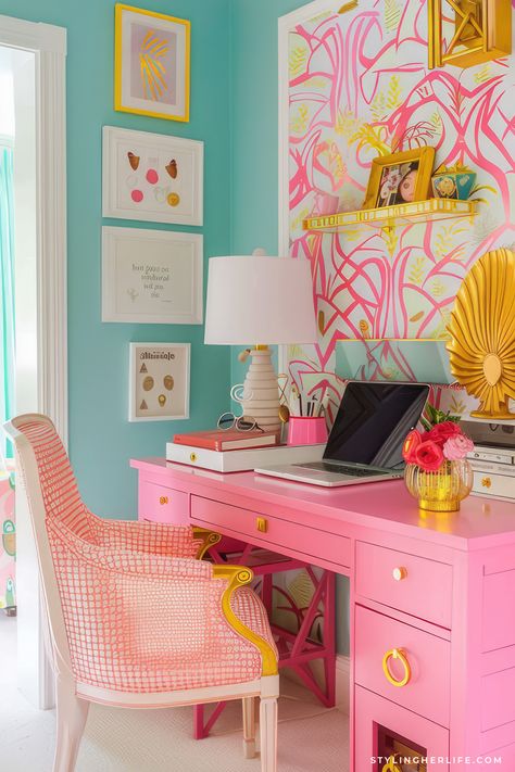 Vibrant Spaces: A Maximalist’s Guide to Colorful Home Decor - Styling Her Life Bright Wallpaper Accent Wall, Colorful Room Decor Diy, Maximalist Colorful Decor, Happy Office Decor, Colorful Home Office Ideas, Cool Office Ideas, Maximalist Pink Bedroom, Aesthetic Desk Setup Maximalist, Pastel Home Office