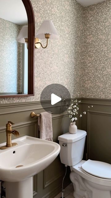 KAY + CO. on Instagram: "the powder bath reveal - my first solo room transformation is complete & I couldn’t be happier with how this room turned out 🌿 

I’ve always loved when a powder bath feels like a unique space among other rooms in the house & this stunning @sandbergwallpaper helped me achieve the perfect balance between timeless and fun. It was the inspiration for the entire room design and I just love the vintage touch it adds to this space. 

you can shop the wallpaper & accessories on my stories & my @ltk.home ✨ 

#sandbergwallpaper #powderbath #diyprojects #wallpaperinspo #wallpaper #benjaminmoore #bathroominspiration #powderroom #powderroomdesign 

In paid collaboration with Sandberg Wallpaper." Half Wallpaper Wall, Half Bath Wallpaper, Half Wallpaper, Bath Wallpaper, Powder Bathroom, Brass Detail, Sandberg Wallpaper, Bath Renovation, Powder Room Design