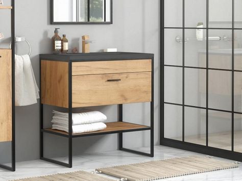 Wooden Bathroom Vanity Unit Oak Bathroom Cabinets, Oak Bathroom Vanity, Industrial Chic Style, Industrial Bathroom Vanity, Bathroom Vanity Unit, Industrial Style Bathroom, Sink Vanity Unit, Freestanding Vanity Unit, Bathroom Sink Cabinets