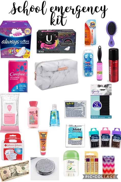 This is for girls NOT BOYS tell me if a boy does try this How To Organise Your School Bag, What To Carry In Your School Bag, Things To Carry In Your Bag, Back To School Starter Pack, College Starter Pack, Emergency Pouch For School, It Girl School Supplies, University Essentials School Supplies, Back To University Supplies