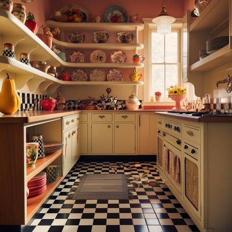 Home Decor Inspiration: Go Bold with These Unique Kitschy Kitchen Ideas!   "Bring the joy of a 1950s kitchen to life with eclectic kitchen design and quirky kitchen decor! Dive into kitschy kitchen inspo that mixes retro kitchen colors with playful elements for a standout look. Perfect for those who love bold kitchen inspiration, this 50s kitchen style is packed with personality and charm. Quirky Kitchen Ideas, Retro Kitchen Colors, 1980s Kitchen, Eclectic Kitchen Design, 80s Kitchen, Quirky Kitchen Decor, 50s Kitchen, Retro Kitchens, Bold Kitchen