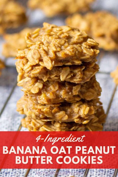 These super simple and sugar-free cookies with mashed banana, oatmeal and peanut butter are a delicious, healthy snack or dessert. Just 4 ingredients, they're vegan, whole food plant-based, gluten-free, requiring no flour, no egg and no oil. This is the official recipe for adding peanut butter to the basic banana oatmeal cookie. They are vegan, whole food plant based and gluten-free. Mashed Banana Oatmeal, Banana Recipes No Flour, Banana Oat Peanut Butter, Recipes For Old Bananas, Oat Peanut Butter Cookies, Oatmeal And Peanut Butter, Vegan Whole Food, Banana Cookies Healthy, Peanut Butter Banana Cookies