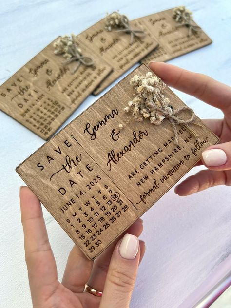 Rustic Wedding Goodies, Wedding Magnet Invitations, Rustic Save The Date Ideas For Weddings, Wood Save The Date Magnet, Rustic Save The Date Magnets, Rustic August Wedding, Wooden Save The Dates, Save The Date With Calendar, Laser Engraved Save The Dates