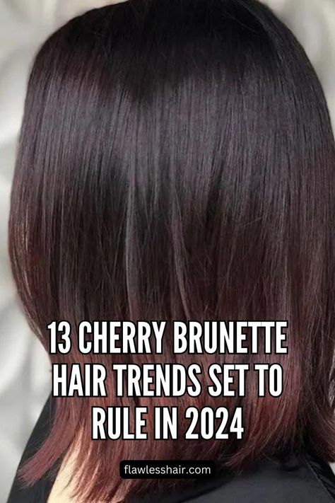 Cherry Ombre Chocolate Cherry Hair With Blonde Highlights, Modern Brunette Hair Color, Brunette Hair Straight Medium, Cherry Cola Shades Eq, Medium Cherry Brown Hair, Dark Cherry Red Highlights, Winter Brown Balayage, Dark Brown Hair With Plum Highlights, Chocolate Cherry Highlights On Dark Hair