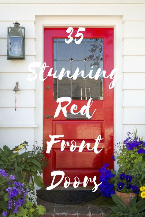 Red Front Door With Black Trim, Behr Red Paint Colors Front Doors, Red Front Doors Farmhouse, Red Door Porch Decor, Red Door Front Porch Decorating Ideas, Fabulous Front Doors, Best Red For Front Door, Vintage Entrance Door, Front Door Red Colors