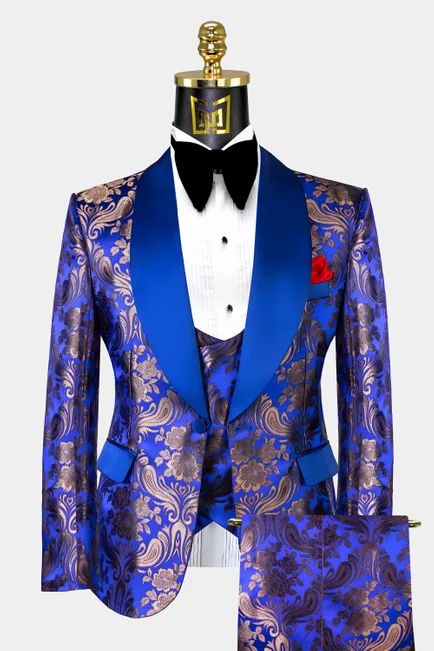 Slim Fit Suits - Fitted Skinny Suits for Men | Gentleman's Guru Royal Blue Tuxedo, Gold Tuxedo, Tuxedo Prom, Blue Tuxedo, Prom Tuxedo, Wedding Tux, Double Breasted Vest, Golden Embroidery, Paisley Motifs