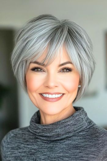 Save this pin for the best short gray hairstyles for women over 60. Say goodbye to long styling sessions with this sassy silver pixie. It's a great way to embrace your natural gray while keeping things modern. Short Hair Styles No Bangs, Lowlights For White Hair Over 50, Short Gray Hairstyle Women, Short Gray Hair Over 50 Round Faces, Short Bob Gray Hair, Short Hairstyles For Women Over 60 Gray, Short Salt And Pepper Hair Over 50, Low Lights For Gray Hair Short, Gray Hair Short Styles