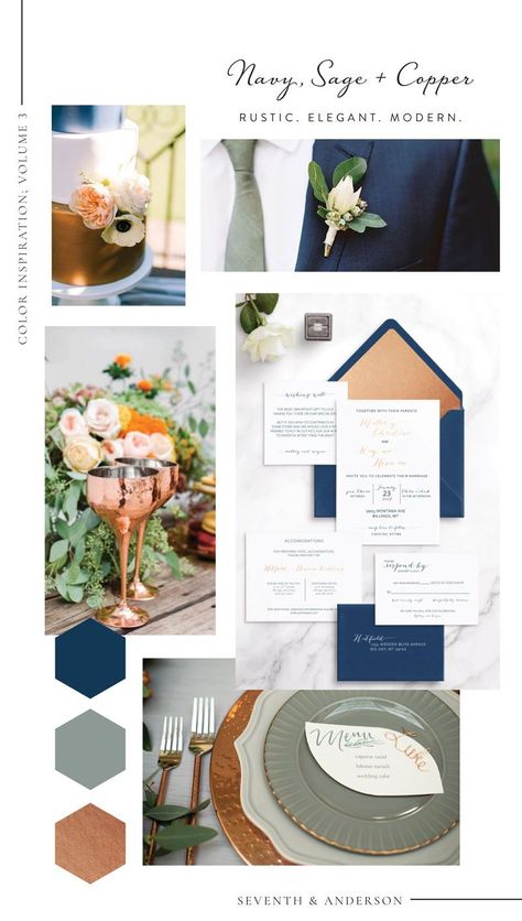 Navy, Sage Green and Copper Wedding Palette Inspiration #navywedding Copper Wedding Color Schemes, Copper Wedding Colors, Navy Wedding Colors, Rusting Wedding, Navy And Copper, Fall Wedding Color Palette, Wedding Color Combos, Wedding Color Scheme, Sage Wedding