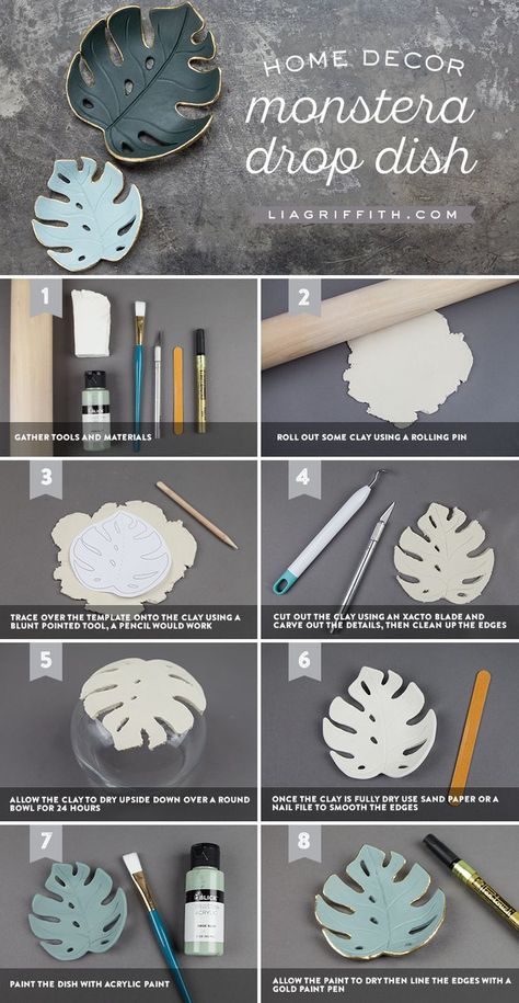 Make a simple DIY monstera drop dish for your home Joululahjat Diy, Dekor Diy, Tanah Liat, Diy Simple, Handcrafted Accessories, Diy Clay Crafts, Décor Diy, Tutorial Diy, Diy Blog