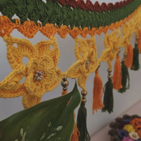 Divine Decor ! . . . Shop link in bio or Dm ! [Crochet Bandarwal, Crochet Toran, Crochet Temple Decor, Crochet Design, Crochet Home Decor] Toran Ideas, Crochet Toran, Diwali Toran, Toran Designs, Crazy Lipstick, Temple Decor, Design Crochet, Decor Crochet, Crochet Decoration