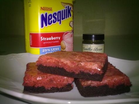 Nesquik Brownies.   My family and I love these brownies.  I added 2 handfuls of chocolate chips instead of nuts.  Yummy! Nesquick Brownies, Nesquik Brownies, Nesquik Recipes, Strawberry Nesquik, Moist Brownies, Duncan Hines, Strawberry Flavor, Brownies Recipe, Brownie Recipe