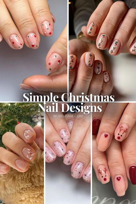 A variety of simple Christmas nail designs featuring minimalist holiday elements like polka dots, holly, snowflakes, and reindeer on short, natural nails. Easy Festive Nails, Cute Short Christmas Nails Ideas, Christmas Nail Art Almond Shape, Nude And Red Christmas Nails, Nude Holiday Nails Short, Nude Christmas Nails Almond, Quirky Christmas Nails, Holiday Nails For Short Nails, Christmas Nails Clear