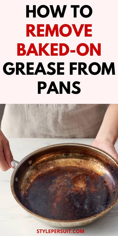 Those stubborn grease stains are not just unpleasant to look at. Click to discover the simple way to get rid of baked-on grease and save your pots and pans. How To Get Grease Off Pans, Cleaning Grease Off Pans, How To Clean Pots And Pans, Clean Pans Like New, Cleaning Pots And Pans Bottoms, How To Clean Pans, Burnt Pan, Cleaning Pots And Pans, Cleaning Pans