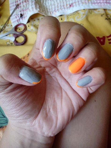 Hehe. Gray + Orange Nails. :) Orange Nails, Convenience Store Products, Sun, Orange, Nails