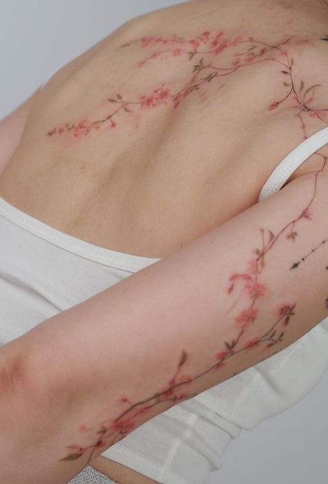 Blossom Tree Branch Tattoo, Flower Tattoo Cherry Blossom, Sakura Blossoms Tattoo, Japanese Cherry Blossom Spine Tattoo, Cherry Blossom Tattoo Ribs, Cherry Blossom Vine Tattoo, Cherry Blossom Back Tattoo, Cherry Blossom Tattoo Shoulder, Pink Flower Tattoos