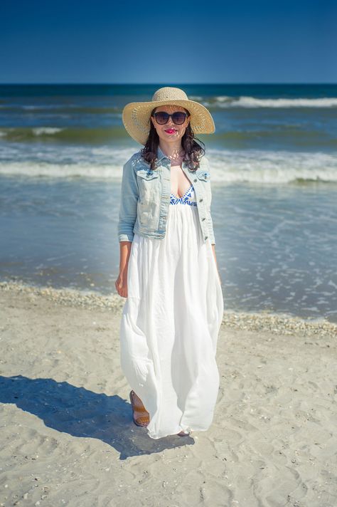 Maxi white dress, summer dress, summer hat, jeans jacket Jean Jacket Photoshoot Ideas, Jean Jacket Photoshoot, Jacket Photoshoot Ideas, Maxi White Dress, Dress With Shrug, Jacket Photoshoot, Miss Green, Long Beach Dress, One Day Trip