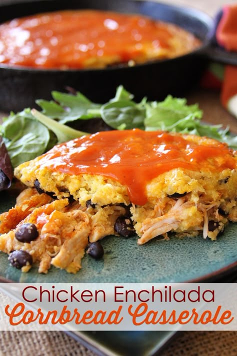 This Chicken Enchilada Cornbread Casserole will be a instant family favorite! It's a great one-pan recipe the whole family will love! Cornbread Enchilada Bake, Chicken And Corn Enchiladas, Chicken Enchilada Cornbread Casserole, Mexican Chicken Cornbread Casserole, Street Corn Chicken Enchilada Bake, Mexican Cornbread Casserole, Cornbread Casserole Recipe, Chicken Cornbread, Cornbread Casserole