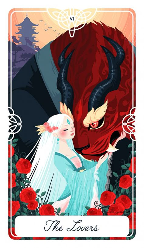 Tarot Of The Divine, Yoshi Yoshitani, The Lovers Tarot Card, The Lovers Tarot, Tarot Card Art, Tarot Astrology, 카드 디자인, Tarot Cards Art, Tarot Art