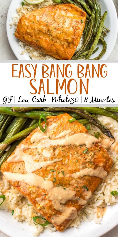 Bang Bang salmon with homemade Bang Bang sauce is both dairy free and gluten free. It takes about 10 minutes to cook and uses only a few easy ingredients. Made in the oven on a sheet pan, it's a breeze for cleanup and makes for an easy win for meal prep or dinner anytime. #homemadebangbangsauce #glutenfreesalmon #diaryfreesalmon #salmonrecipes #10minutemeals #bangbangsalmon Packaged Salmon Recipes, Ww Salmon Recipes, Bang Bang Salmon Bowl, Kid Friendly Salmon Recipes, Salmon Meal Prep Ideas, Low Fodmap Salmon, Gluten Free Salmon Recipes, Whole Salmon Recipe, Fish Meal Prep