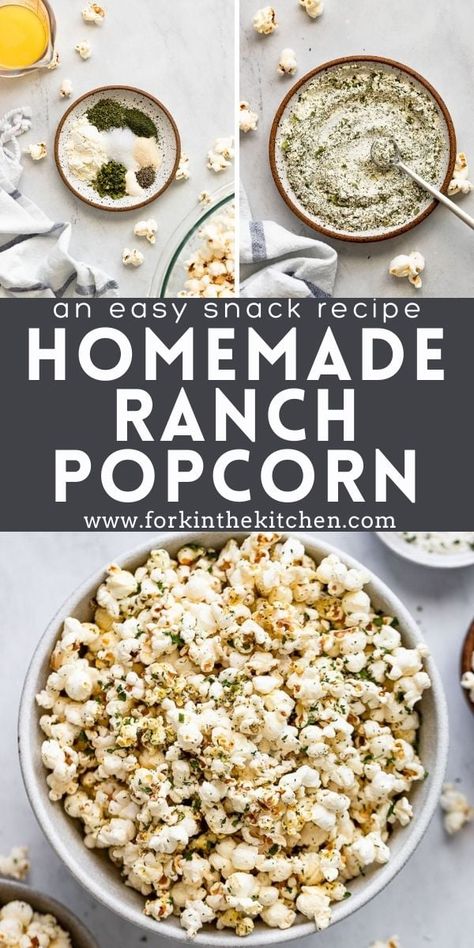 When homemade popcorn pairs up with ranch seasoning, it's a match made in heaven. It's tangy, herby, and savory with garlic and onion, parsley, and dill - you won't be able to get enough of this easy snack. Even better? It's ready in just 5 minutes! Diy Popcorn Seasoning, Homemade Popcorn Seasoning Recipes, Starters Snacks, Homemade Popcorn Seasoning, Popcorn Recipes Savory, Ranch Popcorn, Popcorn Seasoning Recipes, Low Salt Recipes, Homemade Popcorn