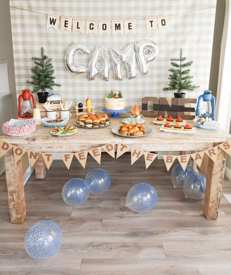 Camp Party Decorations, One Happy Camper Party, Lumberjack Party Decor, Tent Birthday Party, Happy Camper Party, Happy Camper Birthday Party, Camping Theme Birthday Party, Camping Theme Birthday, Camp Party