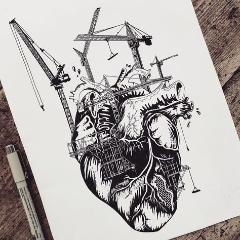 Nic Mac  - London on Instagram: “————————————————————————— Under Construction —————————————————————————— To build is to take the ruin, to take the damage and work with it,…” Under Construction Tattoo, Construction Tattoo, Building Tattoo, 2024 Tattoo, Cool Illustration, Work Art, Black Work, Art Appreciation, Pen Drawing