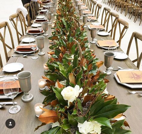 Magnolia Leaves from Weston Farms Magnolia Leaves Centerpiece, Magnolia Flower Wedding, Flower Wedding Decorations, Magnolia Wedding, Beautiful Table Settings, Magnolia Leaves, Fall Wedding Flowers, Wedding Flower Decorations, Wedding Leaves