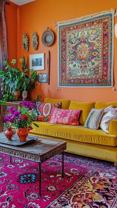 35 Stunning Boho Mid-Century Modern Living Room Ideas Marigold Living Room, Retro Boho Home Decor, Maximalist Boho Living Room, Mustard Color Living Room Ideas, Orange Boho Living Room, Decorate Couch, Mustard Sofa Living Room Ideas, Hippy Living Room, Colorful Mid Century Modern Living Room