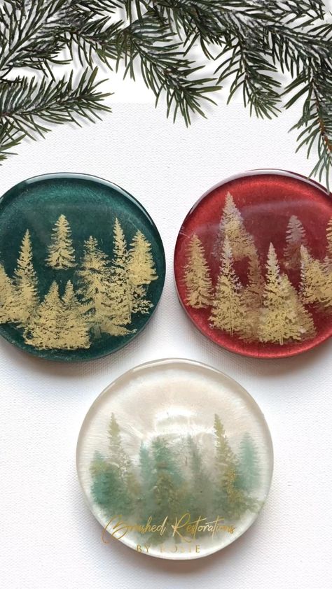 Pin the spirit of the holidays with my ‘Jingle Bells’ resin coasters! 🌲 Spark your holiday home inspiration with our 3D forest scene coasters, beautifully layered with @meyspring Wine Red, Shiny Malachite, and touches of White Pearl and Gilded Gold. These are not just coasters; they are festive art for your home. Save 20% with code BR10 and make your holiday gatherings unforgettable. #HolidayHomeDecor #ResinArtistry #FestiveCoasters #SeasonalElegance Christmas Resin Coasters, Resin Christmas Decorations, Resin Gift Ideas, Diy Holiday Gift Ideas, Resin Boards, 3d Forest, Painted Furniture Designs, Coasters Resin, Christmas Resin