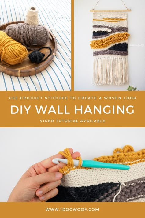 This freeform crochet wall hanging pattern from One Dog Woof is easy, fast and the perfect customizable decor piece for any room in your house. Using a very simple technique, you can create this 3-D wall art from any scrap yarn you have laying around your house. Includes tutorials for a few different stitches you can use to customize your wall hanging. Grab the free pattern today and get started! #onedogwoof #freecrochetpattern #freeformcrochet #wallhanging Modern Crochet Wall Hanging, Crochet Wall Hanging Christmas, Crochet Wall Hanging Pattern Free, Artsy Hobbies, Diy Crochet Wall Hanging, Crochet Queen, Easy Beginner Crochet Patterns, Crochet Wall Hanging, Crocheted Stuff