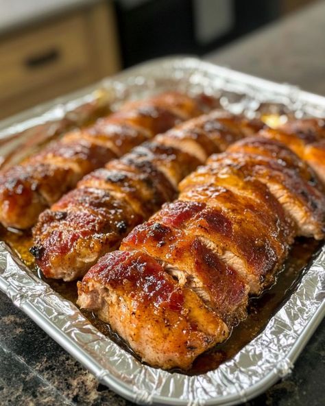 My whole family couldn't get enough of this. Next time, I'm making double! Brown Sugar Pork Tenderloin, Pork Roasts, Pork Dinners, Garlic Pork, Pork Entrees, Bacon Wrapped Pork, Brown Sugar Bacon, Recipes Oven, Tenderloin Recipes