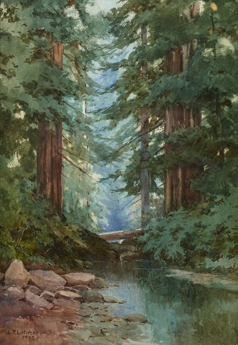 Redwoods Painting, Redwood Painting, Creek Drawing, Watercolor Forest Landscape, Creek Painting, Woods Watercolor, Forest Watercolor, Watercolor Nature, Watercolor Collection