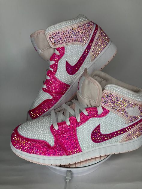 Blinged Out Shoes, Bedazzling Shoes, Cute Jordans For Women, Cute Shoes Women, Pink Sparkly Shoes, Organization Shoes, Bedazzled Shoes Diy, Cute Jordans, Rhinestone Sneakers