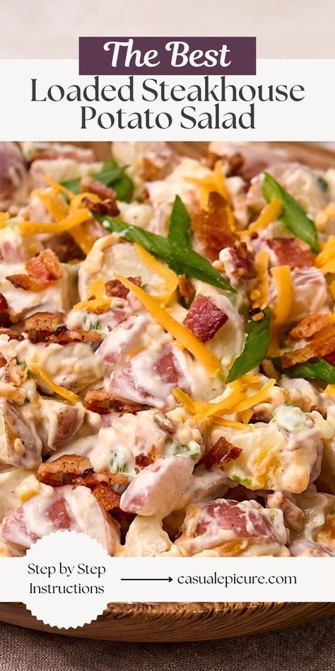 Elevate your barbecue or potluck with this loaded steakhouse potato salad. Combining the best elements of a loaded baked potato and a juicy steak, this hearty salad is a flavor powerhouse. A standout side dish that might just steal the show! Steak House Potatoes Salad, Steakhouse Potato Salad, Steakhouse Potatoes, Baked Potato Salad Recipe, Loaded Potato Salad, Loaded Baked Potato Salad, Barbecue Sides, Baked Potato Salad, Loaded Baked Potato