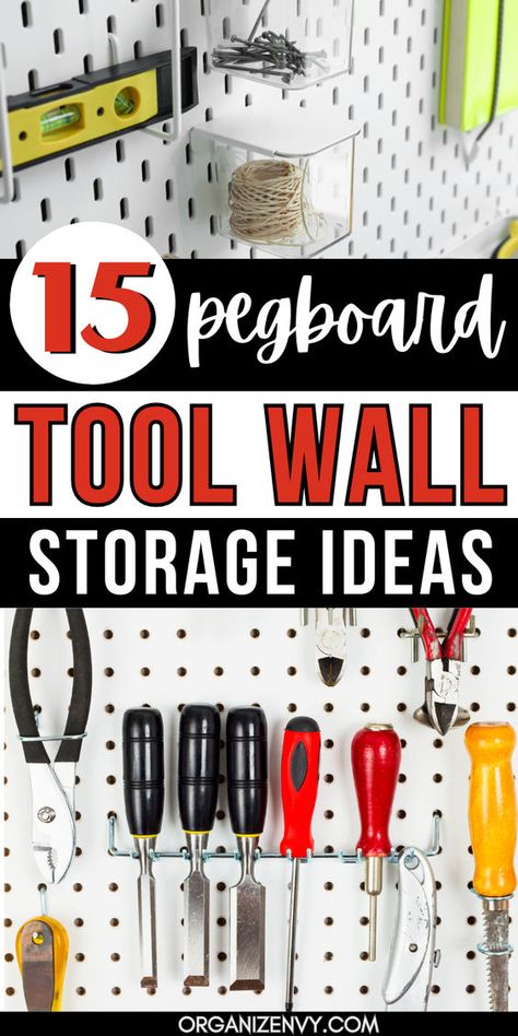 Looking for tool wall storage inspiration? Try a DIY pegboard tool storage system! I NEVER lose my tools anymore, and I can immediately grab exactly what I need for any project. Use a pegboard for wrench storage, hang hammers, store hardware and nails...you name it, it can be stored on a pegboard wall. Pegboard Tool Organization Ideas, Tool Wall Storage Diy, Peg Board Tool Organization, Pegboard Tool Organization, Garage Pegboard Ideas, Thrift Store Displays, Pegboard Tool Storage, Tool Pegboard, Tool Organization Diy