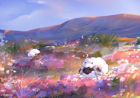 Wooloo in the field Cozy Pokemon Art, Ipad Wallpaper Aesthetic Pokemon, Pokemon Scenery Art, Pokemon Tablet Wallpaper, Pokemon Chromebook Wallpaper, Aesthetic Pokemon Wallpaper Desktop, Beautiful Pokemon Art, Pokemon Desktop Wallpaper Hd 1080p, Pokemon Daily Life