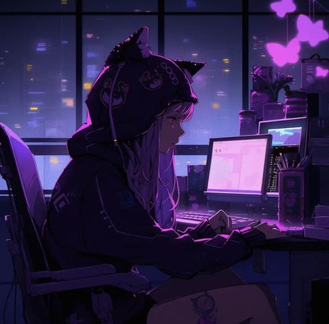 Pop Art Comic Girl, Purple Games, Grunge Pictures, Gamers Anime, Cyberpunk Anime, Purple Themes, Cool Wallpapers Art, Inspirational Wallpapers, Dreamy Art