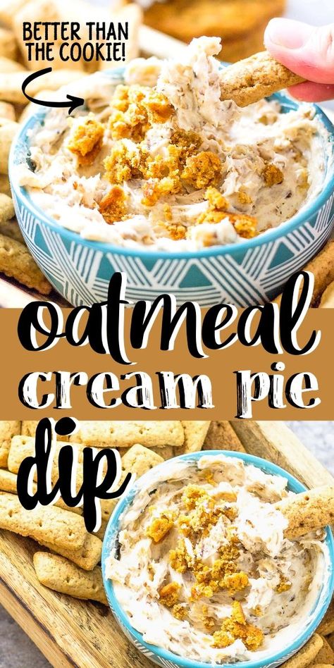 Your childhood favorite Oatmeal Cream Pies are even better as a dip! Cream Cheese, powdered sugar, and crumbled oatmeal cream pies, scooped out with cinnamon graham sticks can't be beat! #oatmealcreampie #sweetdips Pie Dip Recipes, Sweet Cream Cheese Dip, Desert Dips, Oatmeal Cream Pie, Sweet Dip, Creamy Oatmeal, Cheese Dips, Pie Dip, Dessert Dip