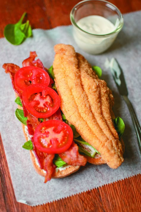 A fried-and-true classic. #USCatfish BLT with Lemon Aïoli is the best recipe we've ever developed. 😋 #catfish #catfishrecipes #friedsandwich #BLT #friedcatfish Catfish Sandwich, Catfish Recipes, Lemon Aioli, Fried Catfish, Fish Sandwich, Chapati, Fish Dishes, Seafood Dishes, Sandwich Recipes