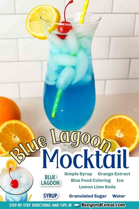 This blue lagoon mocktail is a refreshing summer drink that's non-alcoholic and super easy to make. Just a minute or two of prep stands between you and this tangy citrus drink. Blue Lagoon Mocktail, Citrus Drinks, Mocktail Drinks, Soda Syrup, Sleepover Birthday, Sleepover Birthday Parties, Refreshing Summer Drinks, Lemon Lime Soda, Blue Food Coloring