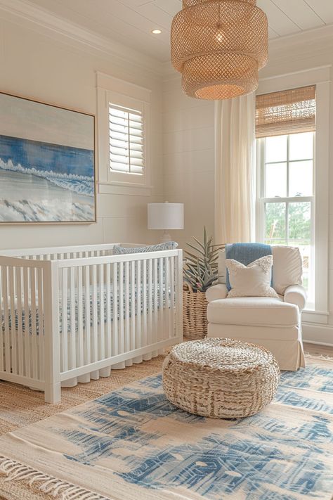 nursery decor, nursery ideas, nursery design, beach-themed nursery, ocean-themed nursery, coastal nursery Coastal Boy Nursery, Organization Kids Room, Beachy Nursery, Ocean Baby Rooms, Sea Nursery Theme, Coastal Nursery, Ocean Themed Nursery, Urban Homes, Baby Nursery Inspiration