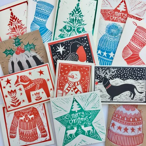 Cat Christmas Cards, Printmaking Projects, Lino Cuts, Print Christmas Card, Relief Printing, Beautiful Christmas Cards, Art Cards, Christmas Card Design, Mail Art